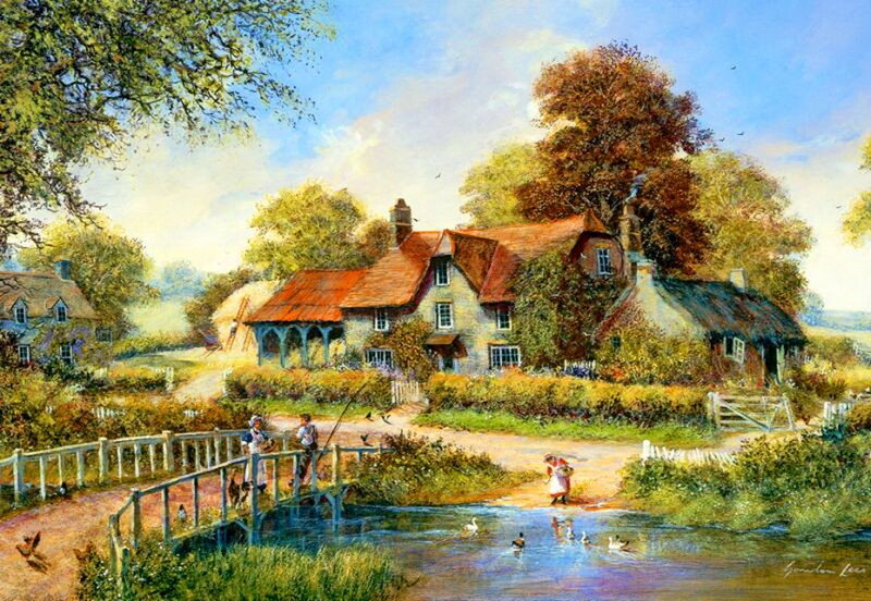 Village Cottage Scene — Blue