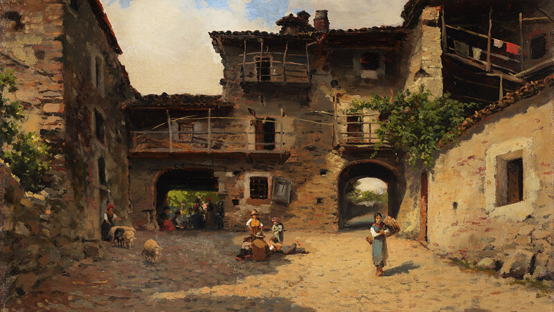 Village Courtyard Scene — Brown