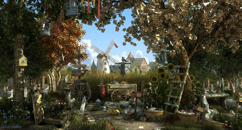 Village Garden Scene — Green
