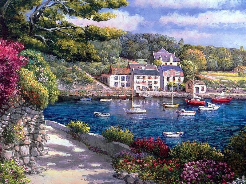 Village Harbor with Boats