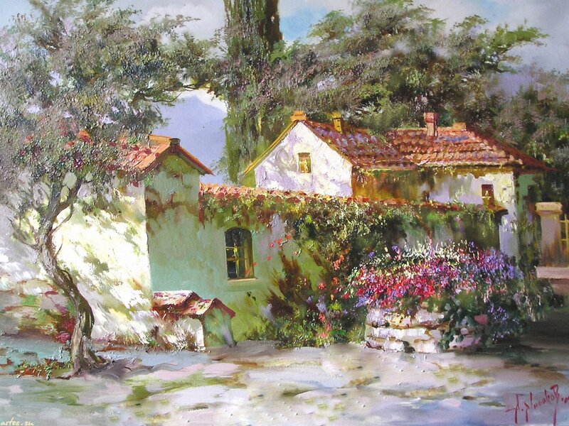 Village House with Flowers — Green