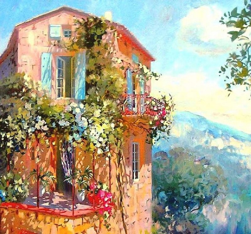 Village house with flowers