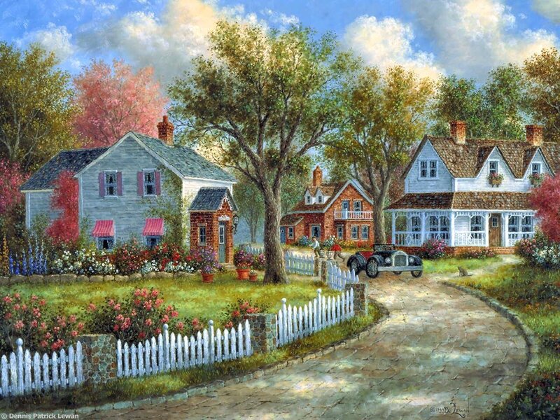Village Houses and Car — Green