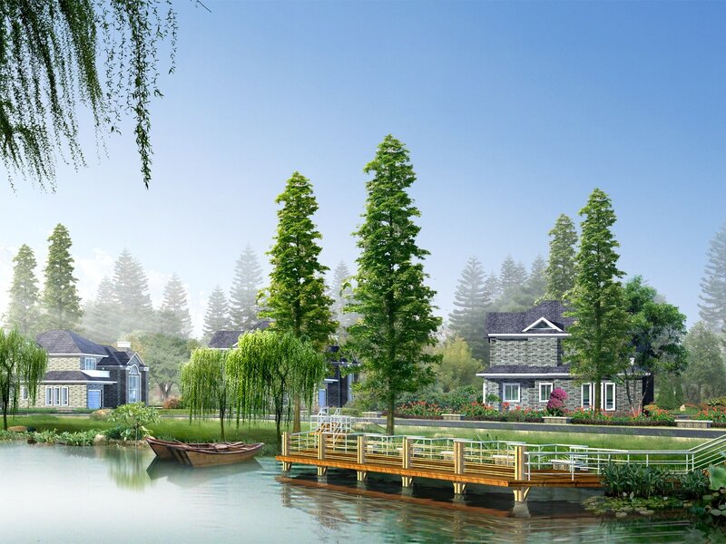 Village Houses by Lake — Green