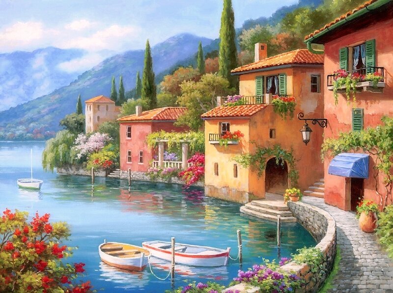Village Houses by Lake