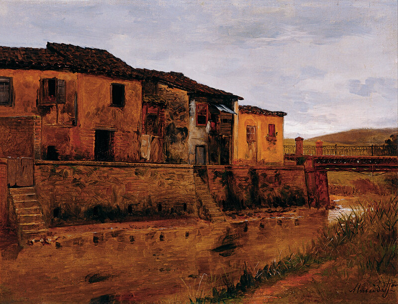 Village Houses by River — Brown