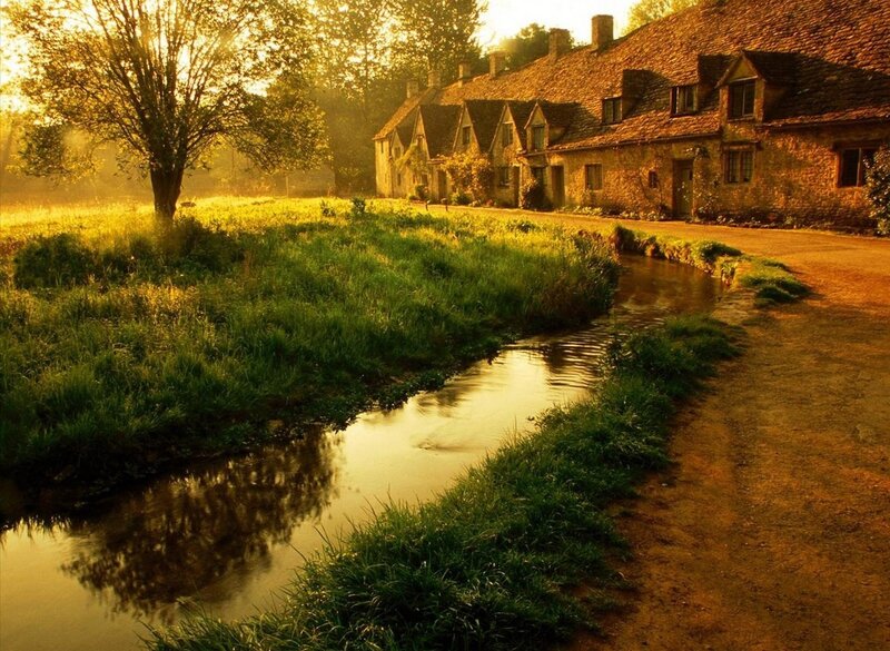 Village Houses by Stream — Green, Serene