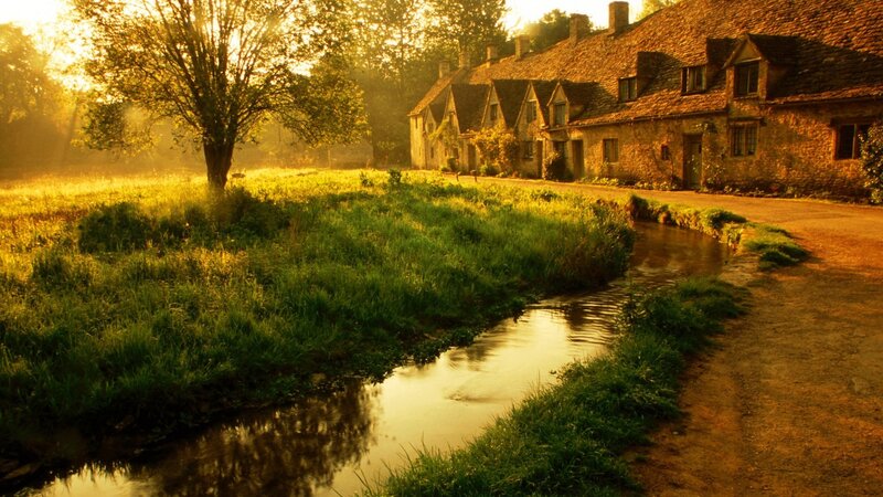 Village Houses by Stream — Green