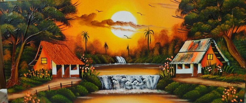 Village Houses by Waterfall