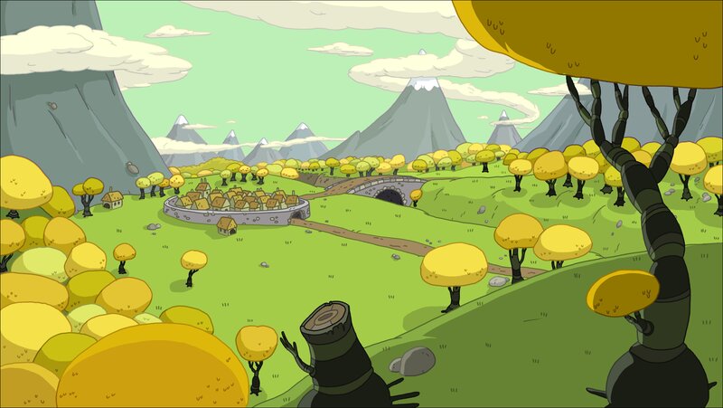 village in a cartoon landscape