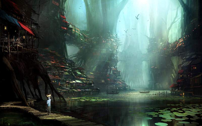 Village in a giant tree canyon