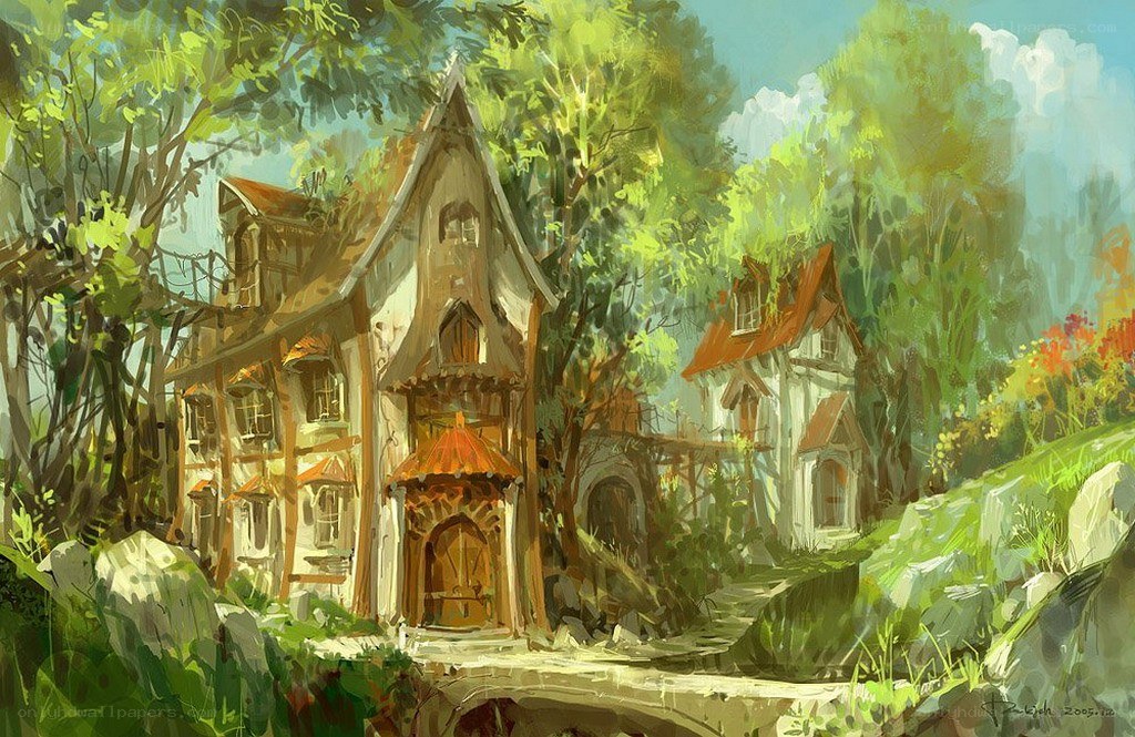 Village in a lush forest