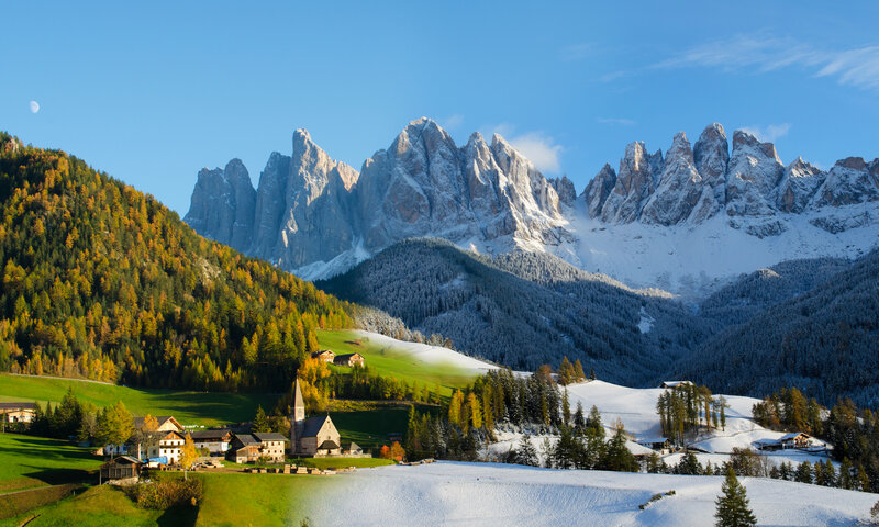 Village in Alpine Valley — Blue, Serene, Autumn, Photograph