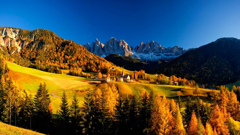 Village in Alpine Valley — Blue, Serene, Autumn