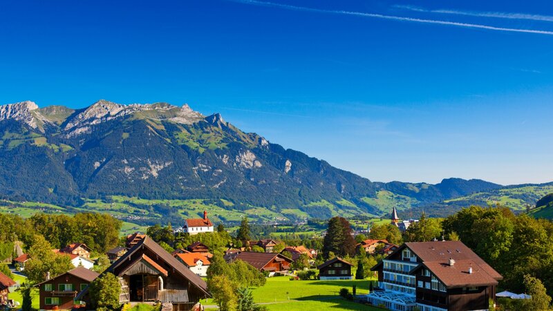 Village in Alpine Valley — Blue, Serene