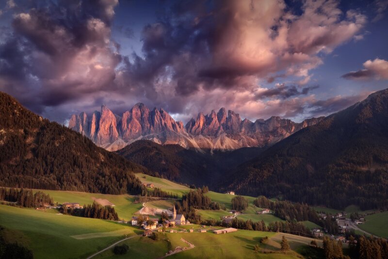 Village in Alpine Valley — Green, Dramatic, Sunset