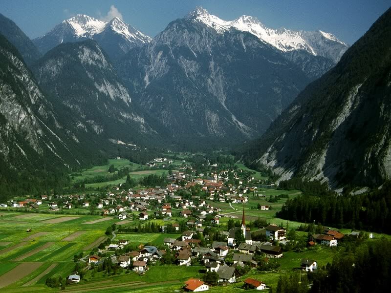 Village in Alpine Valley — Green, Serene, Afternoon, Photograph, Mountains, Church, Fields