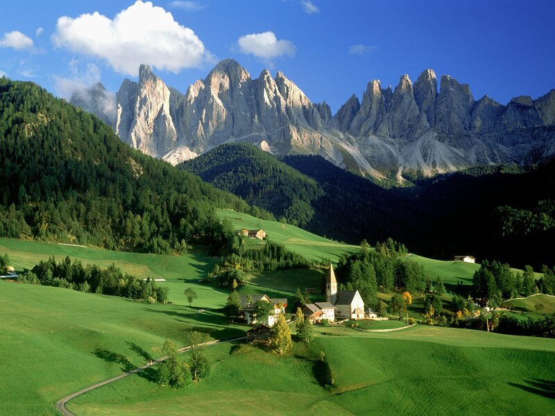 Village in Alpine Valley — Green, Serene, Afternoon, Photograph, Mountains, Church, Forest, Hills