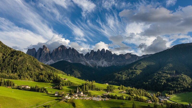 Village in Alpine Valley — Green, Serene, Afternoon, Photograph, Mountains, Church, Forests, Sky