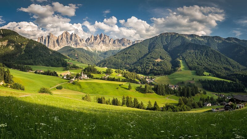 Village in Alpine Valley — Green, Serene, Afternoon, Photograph, Mountains, Church, Green Fields