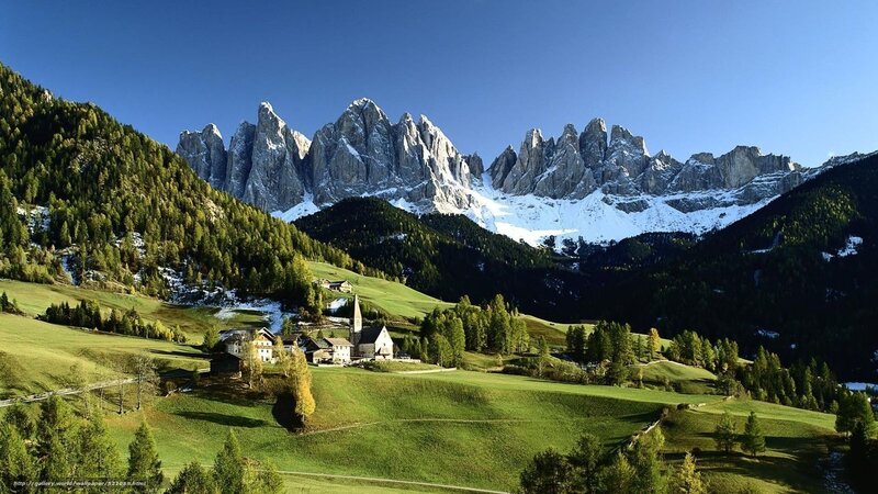 Village in Alpine Valley — Green, Serene, Afternoon, Photograph, Mountains, Church, Trees, Snow