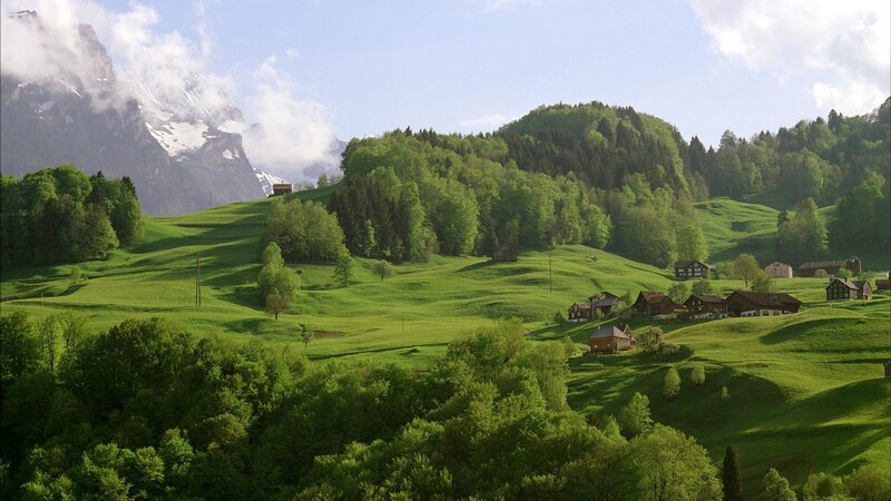 Village in Alpine Valley — Green, Serene, Afternoon, Photograph