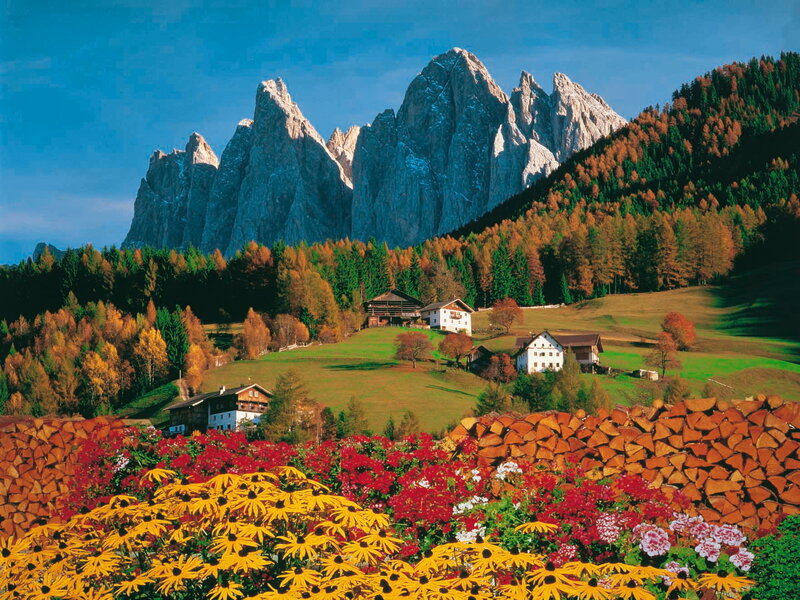 Village in Alpine Valley — Green, Serene, Autumn, Photograph, Mountains