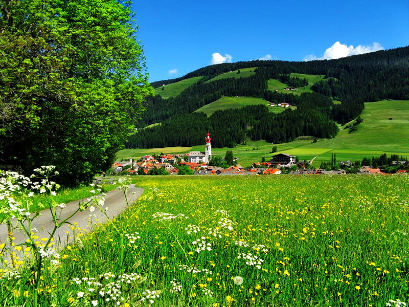 Village in Alpine Valley — Green, Serene, Summer, Photograph, Church Steeple