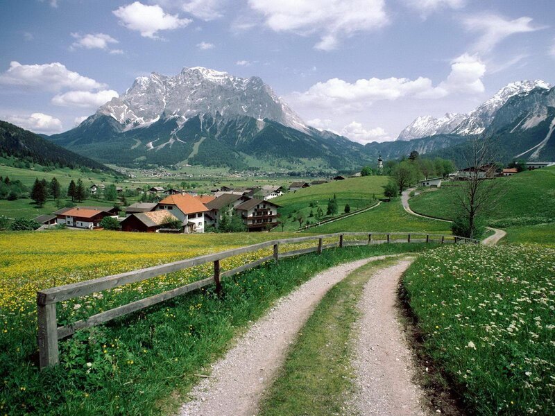 Village in Alpine Valley — Green, Serene, Summer, Photograph, Mountains, Fields
