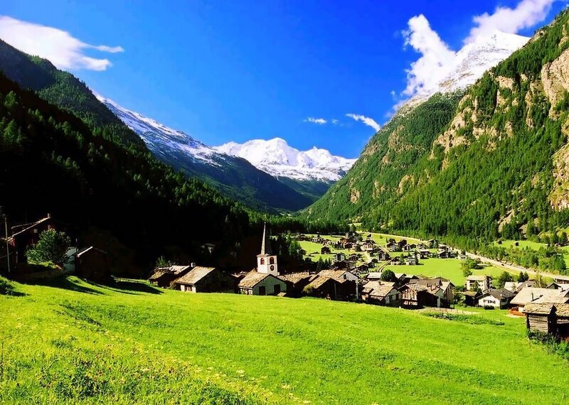 Village in Alpine Valley — Green, Serene, Summer, Photograph