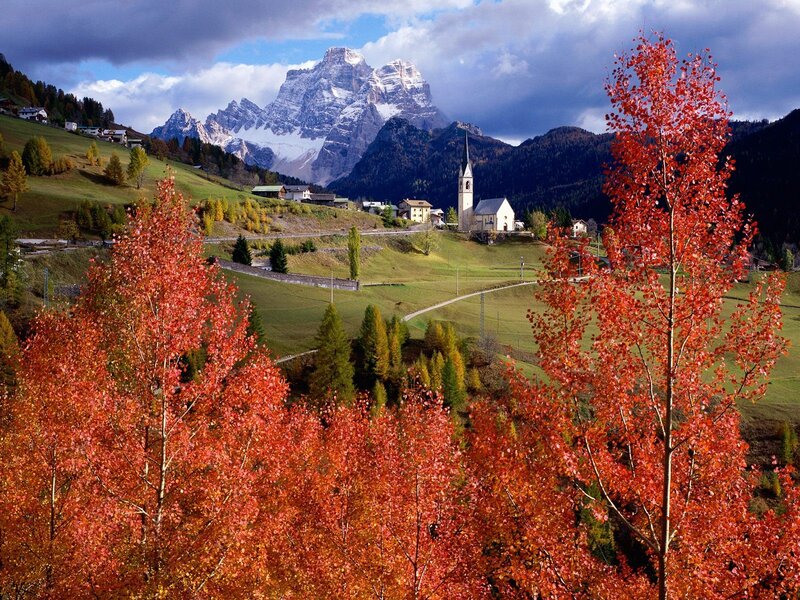 Village in Alpine Valley — Red, Serene, Autumn