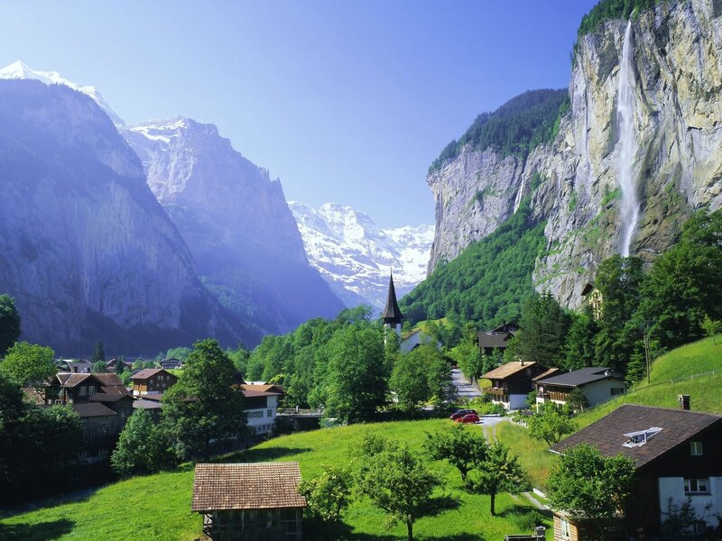 Village in Alpine Valley — Waterfall