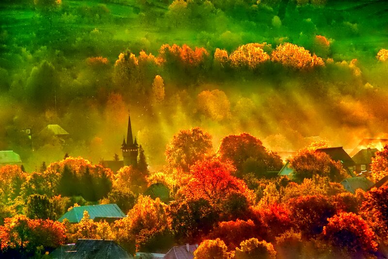 Village in Autumn Forest — Green