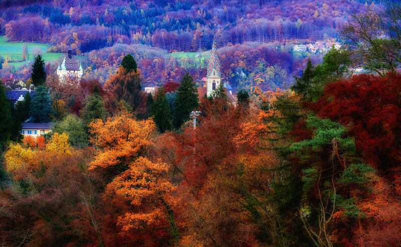 Village in Autumn Forest — Orange, Serene