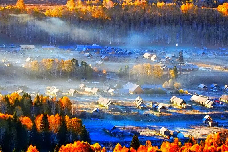 Village in Autumn Forest — Orange