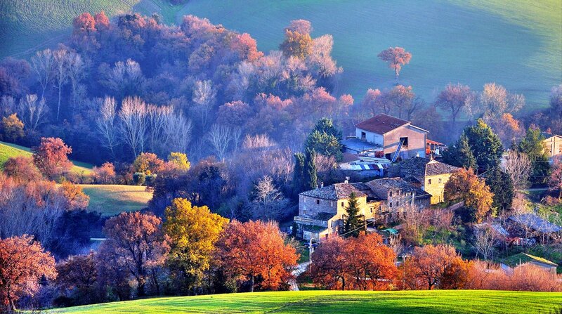 Village in Autumn Hills — Green, Serene, Photograph