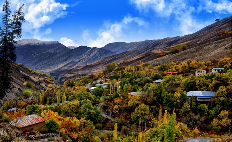Village in Autumn Mountains — Blue, Serene, Photograph