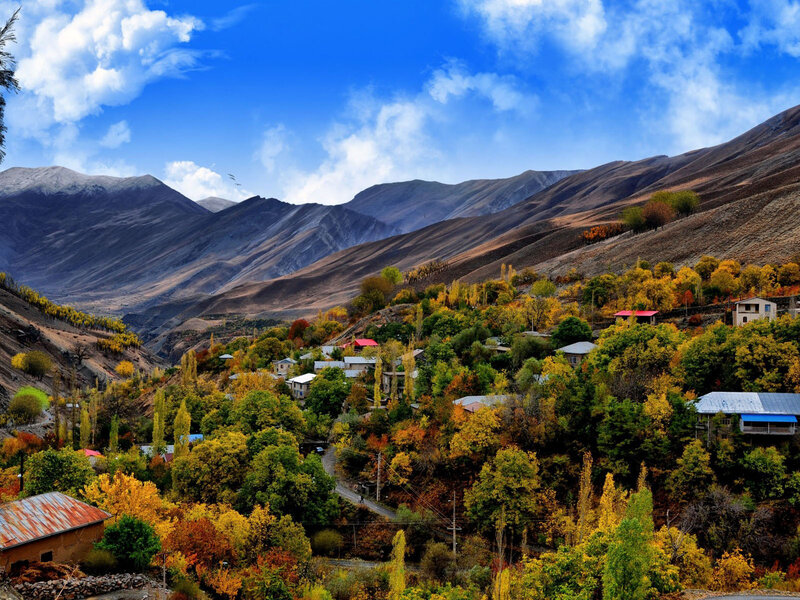Village in Autumn Mountains — Blue, Serene, Photograph, Trees