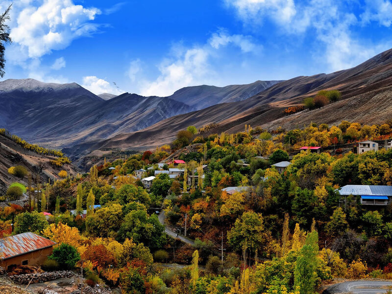 Village in Autumn Mountains — Blue, Serene