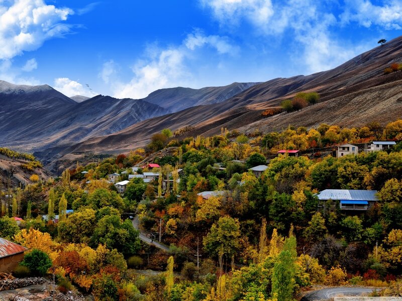 Village in Autumn Mountains — Blue