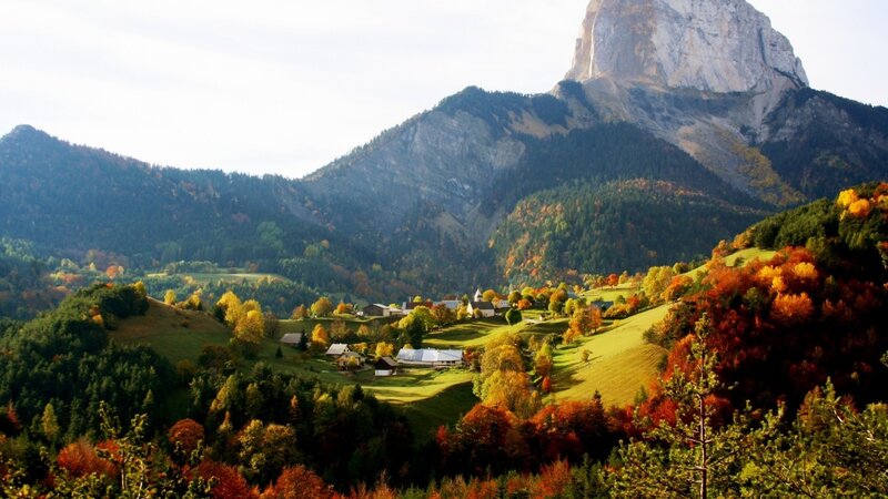 Village in Autumn Mountains — Green, Serene, Photograph