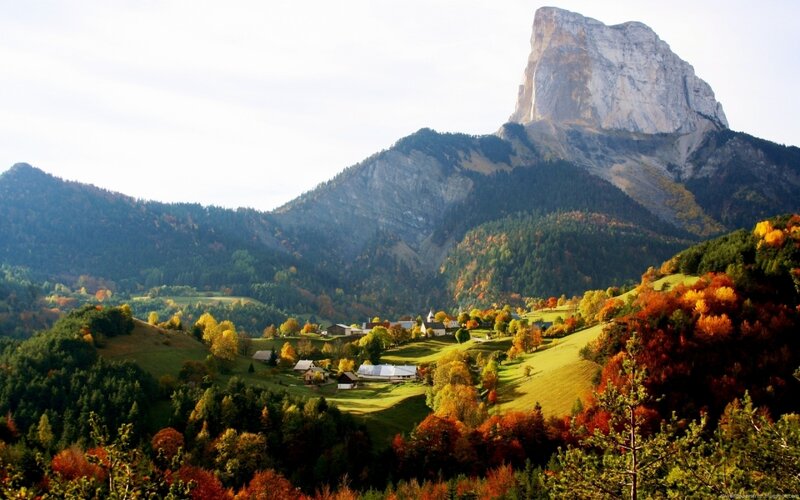 Village in Autumn Mountains — Green