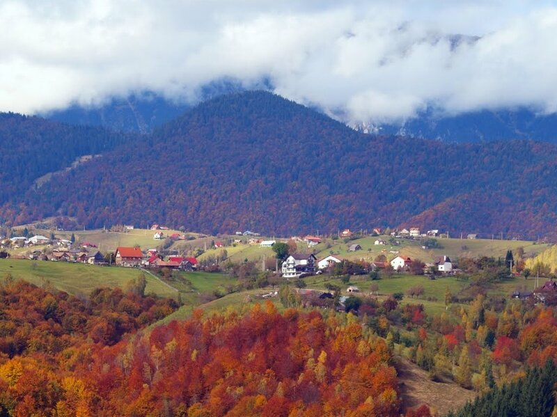 Village in Autumn Mountains — Red