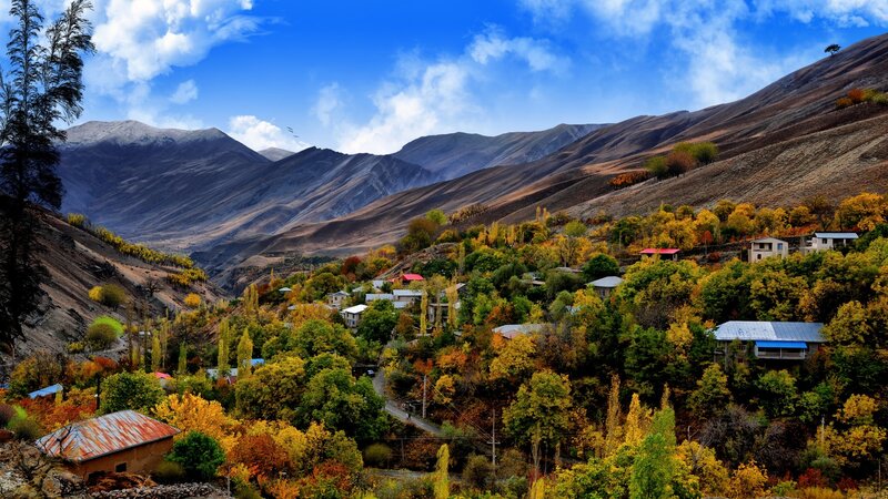 Village in Autumn Valley — Blue, Serene, Photograph