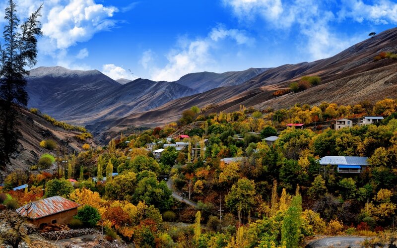 Village in Autumn Valley — Blue, Serene