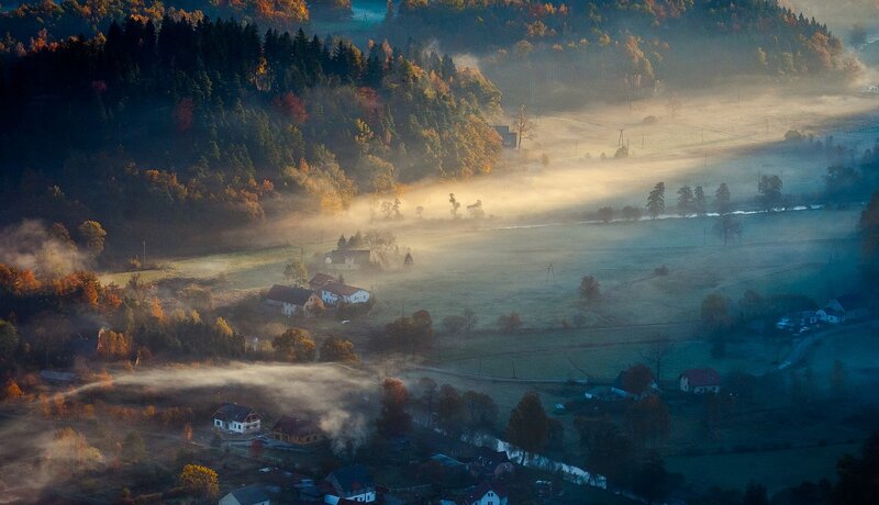 Village in Autumn Valley — Green, Serene, Morning