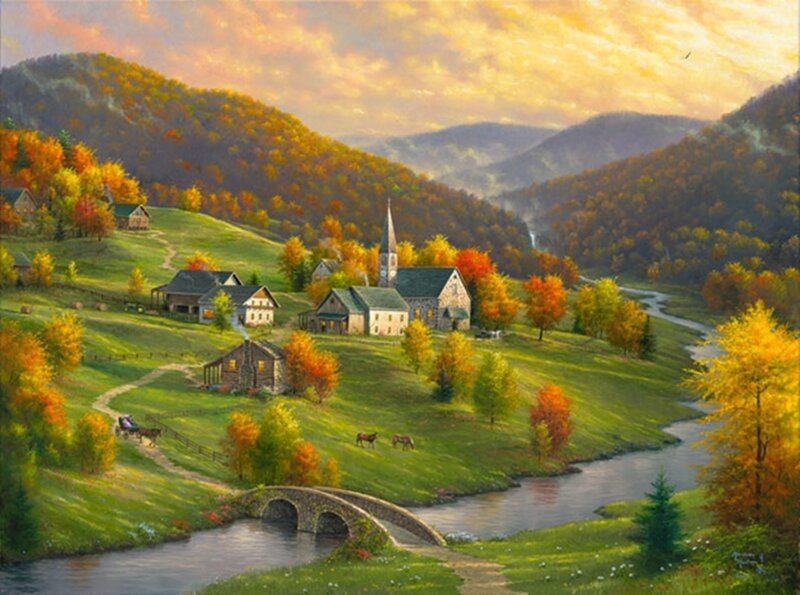 Village in Autumn Valley — Green, Serene, Painting