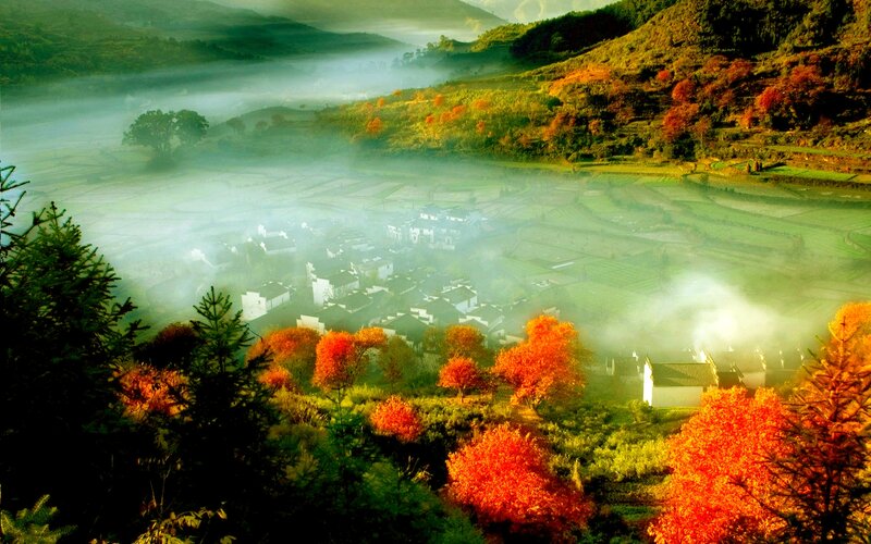 Village in Autumn Valley — Orange, Serene, Morning