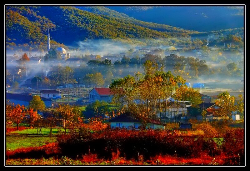 Village in Autumn Valley — Red