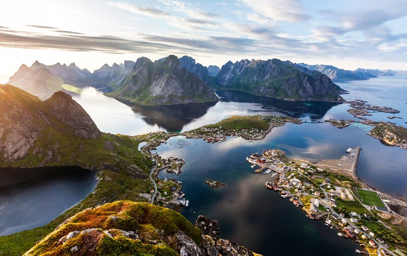 Village in Fjord Landscape — Blue